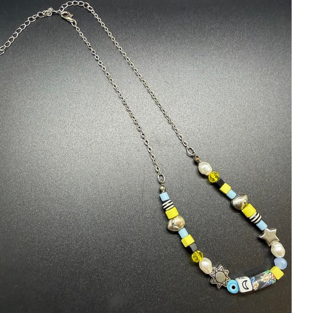 Lemon Flower phone Yellow/Blue Dangle Chain Necklace Adjustable